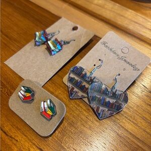 Three pair book bookish earrings